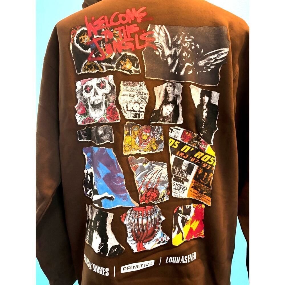 NWT Primitive Skate Guns and Roses Streets Hood Hoodie Dark Brown Cotton Blend L